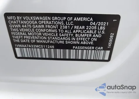 2021 Volkswagen Passat 2.0T S из США, поврежденный, VIN 1VWAA7A32MC011246